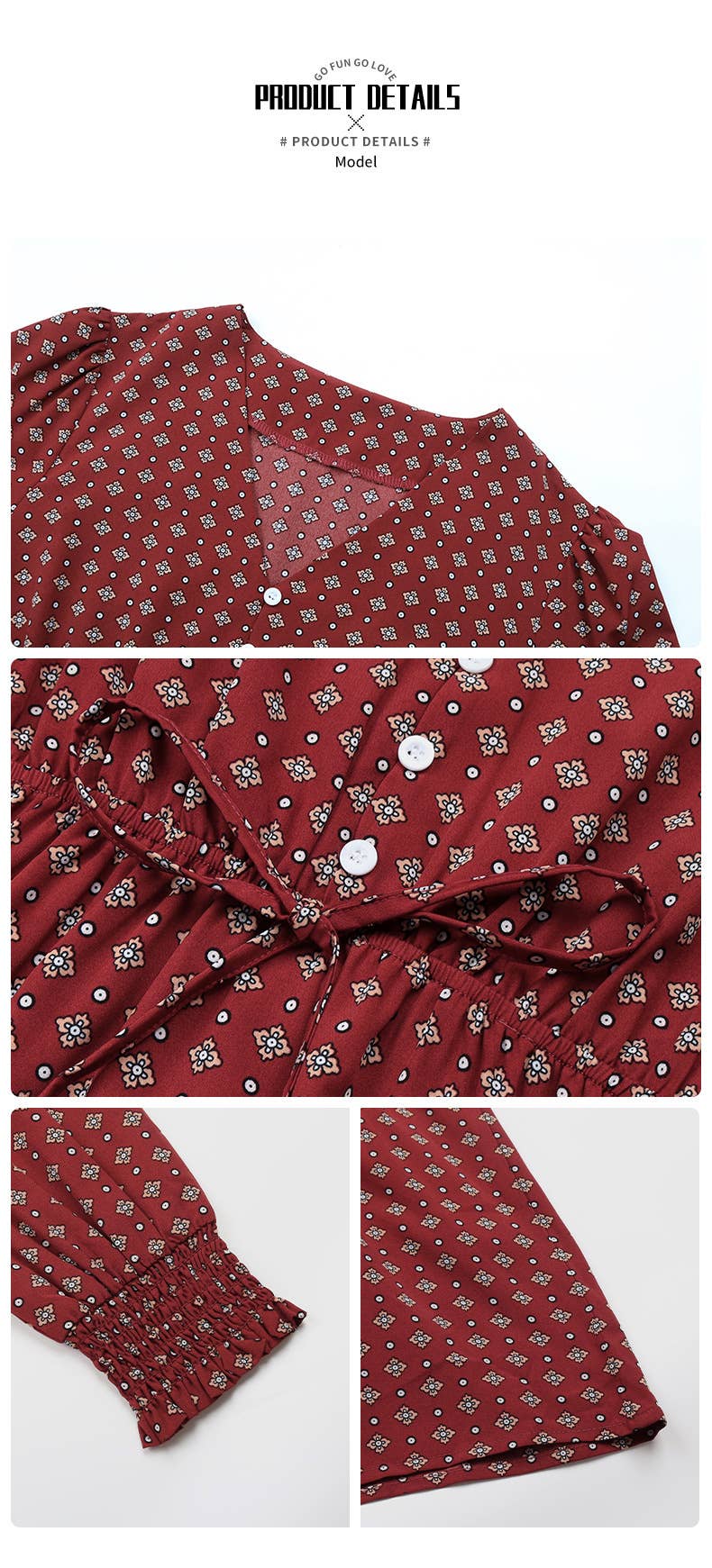 V-NECK LONG SLEEVE PRINTED LONG DRESS