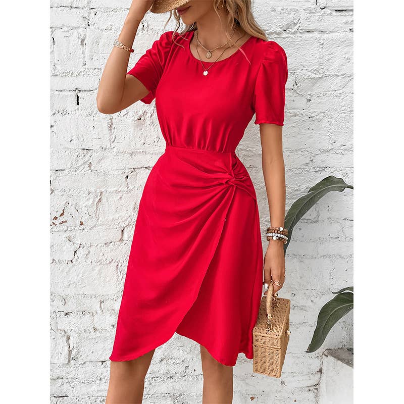 Solid color round neck mid-length dress