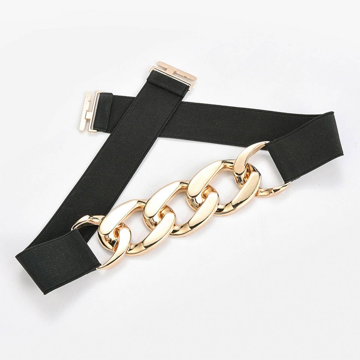 SILVER,GOLD CHAIN BLACK STRETCH BELT_CWABE0191