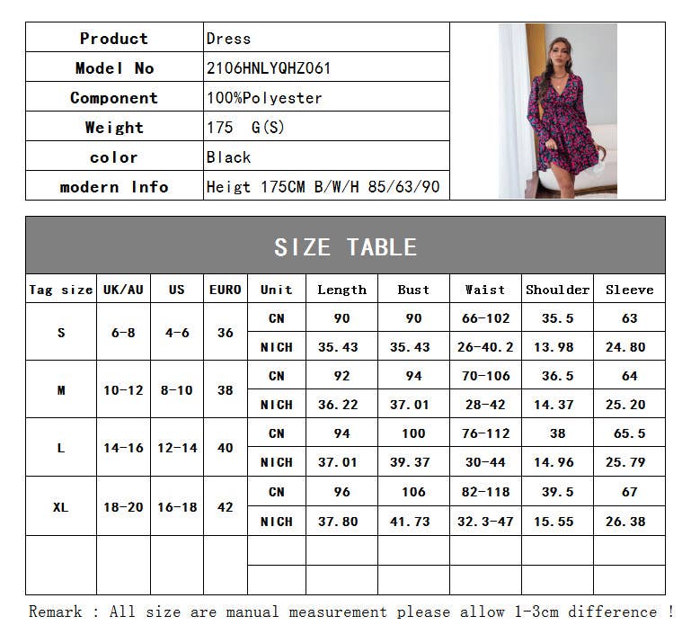 Printed high-waisted V-neck long sleeve dress