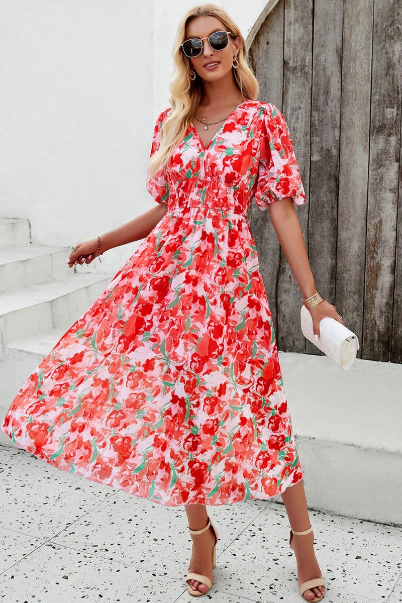 CWDMD0995_Deep V-Neck Short Sleeve Floral Print Midi Dresses