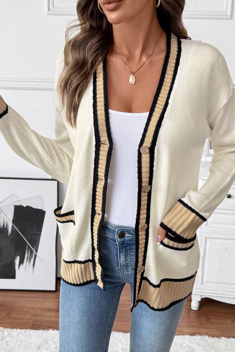 CWOCAL00587_LOOSE V-NECK COLORBLOCK CARDIGAN SWEATER