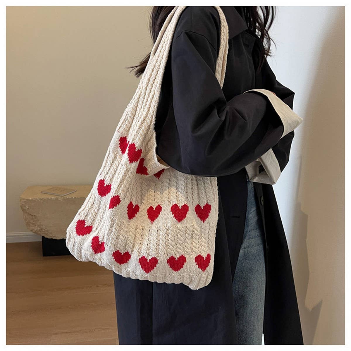 CWAB4569_HEART PATTERN KNITTED LARGE CAPACITY TOTE BAG