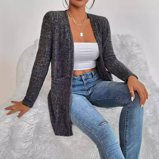 SOLID COLOR CASUAL KNITTED LONG-SLEEVED COAT