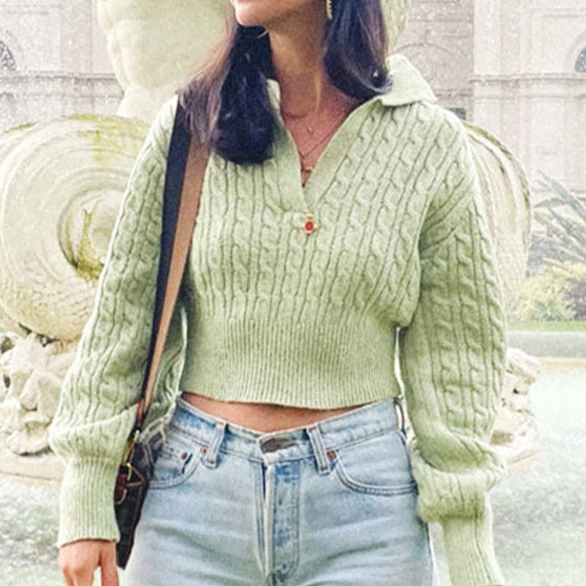 SOLID COLOR V-NECK TWIST CROP SHORT SWEATER