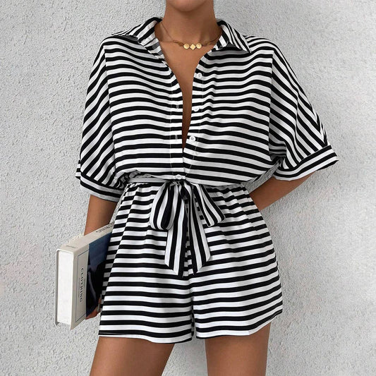 Women¡¯s striped buttoned cardigan romper