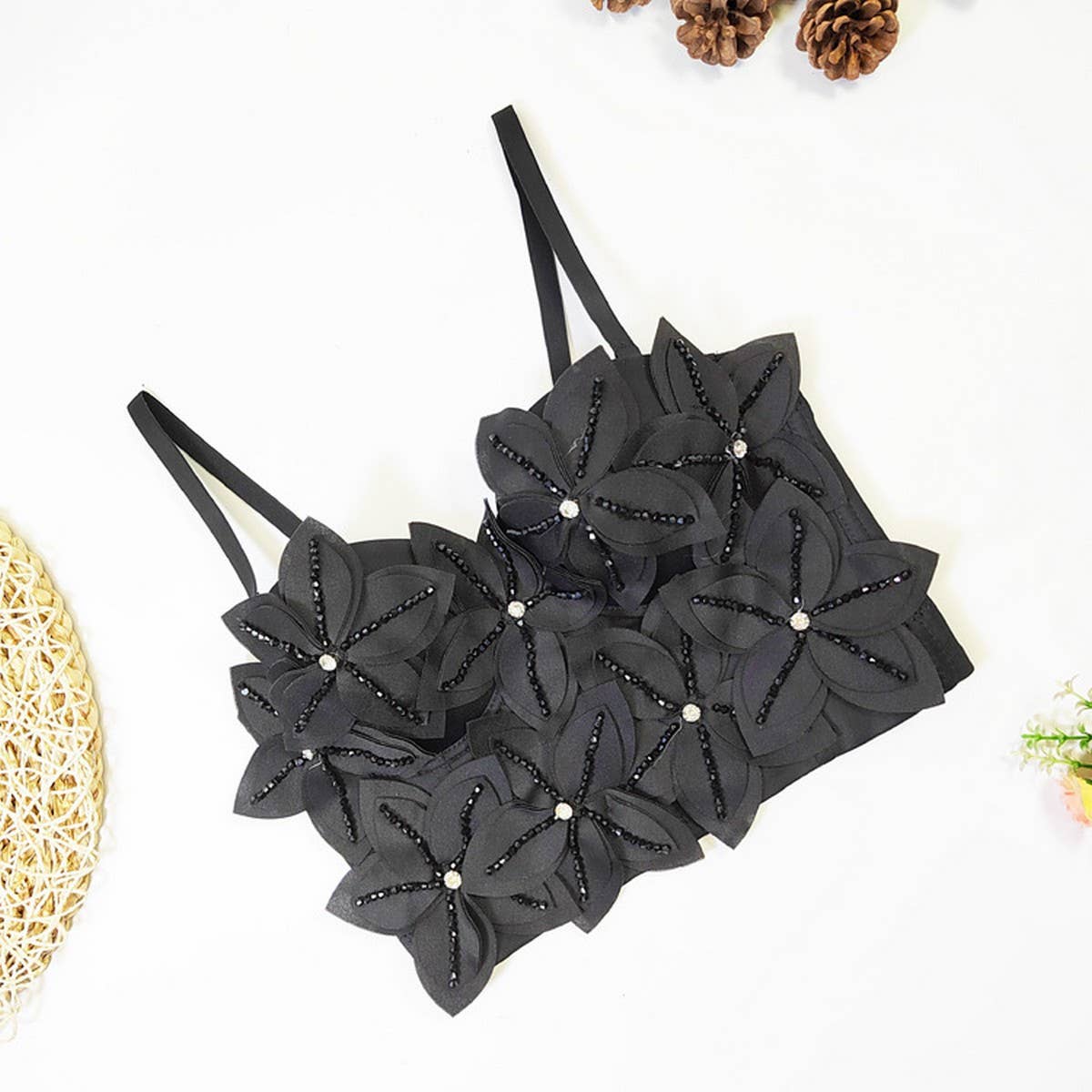 FLOWER BEADED HERRINGBONE BRA WITH PADS