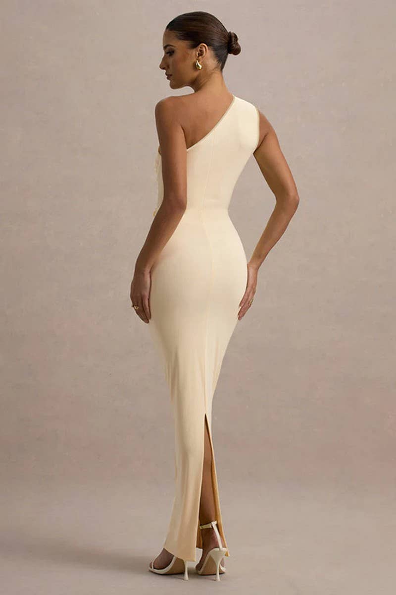 CWDMD5048_OFF-SHOULDER RUCHED BODYCON GOWN DRESS