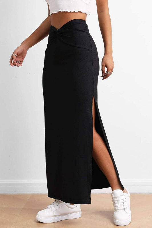 CWBLS0321_SOLID COLOR HIGH WAIST DRAPED SLIT MAXI SKIRT