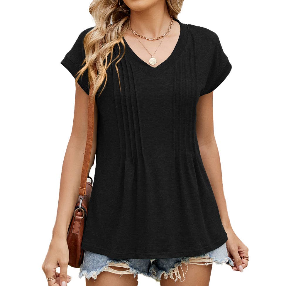 Solid color V-neck with short-sleeved T-shirt