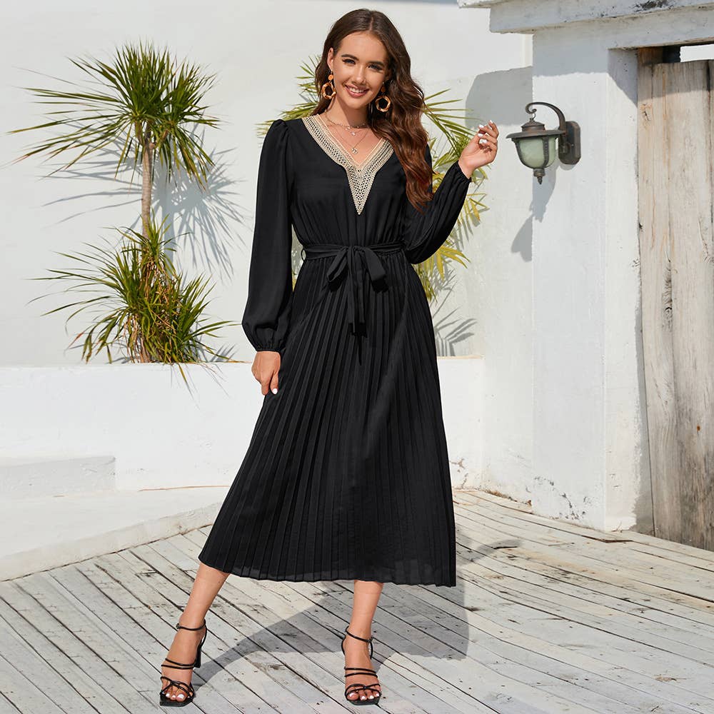 V-Neck Ruffle Pleated Bodycon Dress