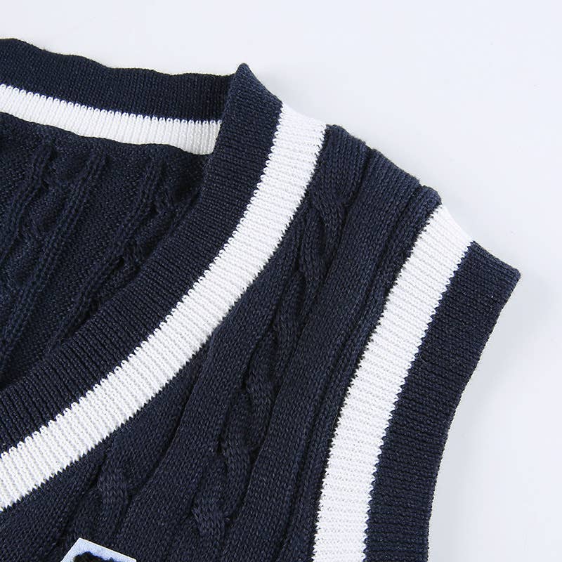 SLEEVELESS LETTER COLOR PATCHWORK V-NECK VEST