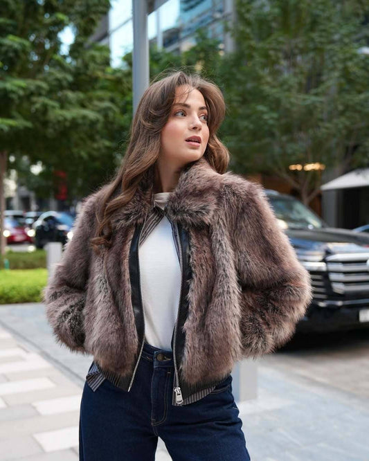 Lapel long-sleeved faux fur patchwork jacket