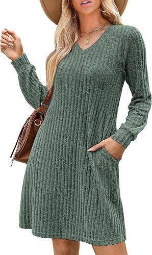 V-NECK POCKET FROSTED LONG-SLEEVED CASUAL DRESS