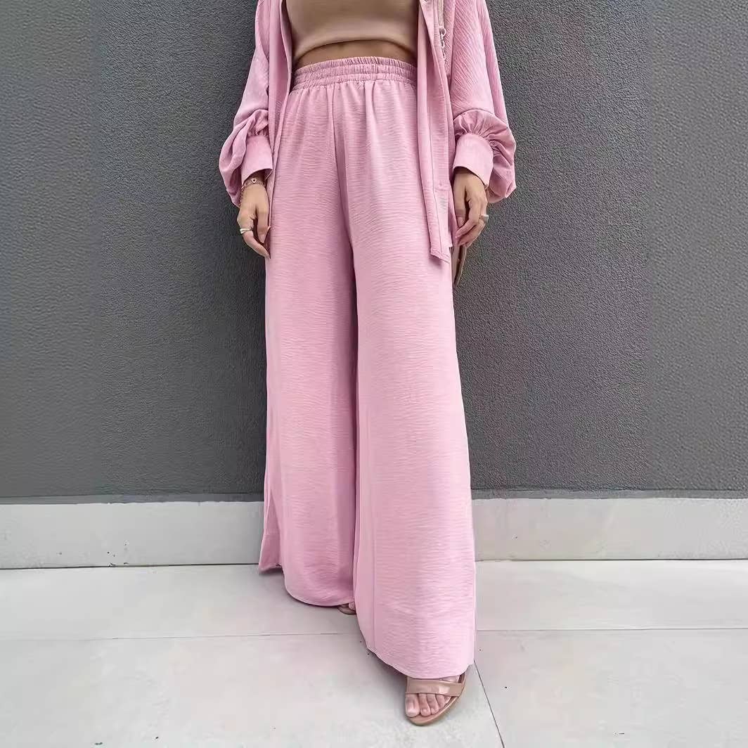 SOLID COLOR BAGGY SHIRT HIGH-WAISTED PANTSUIT