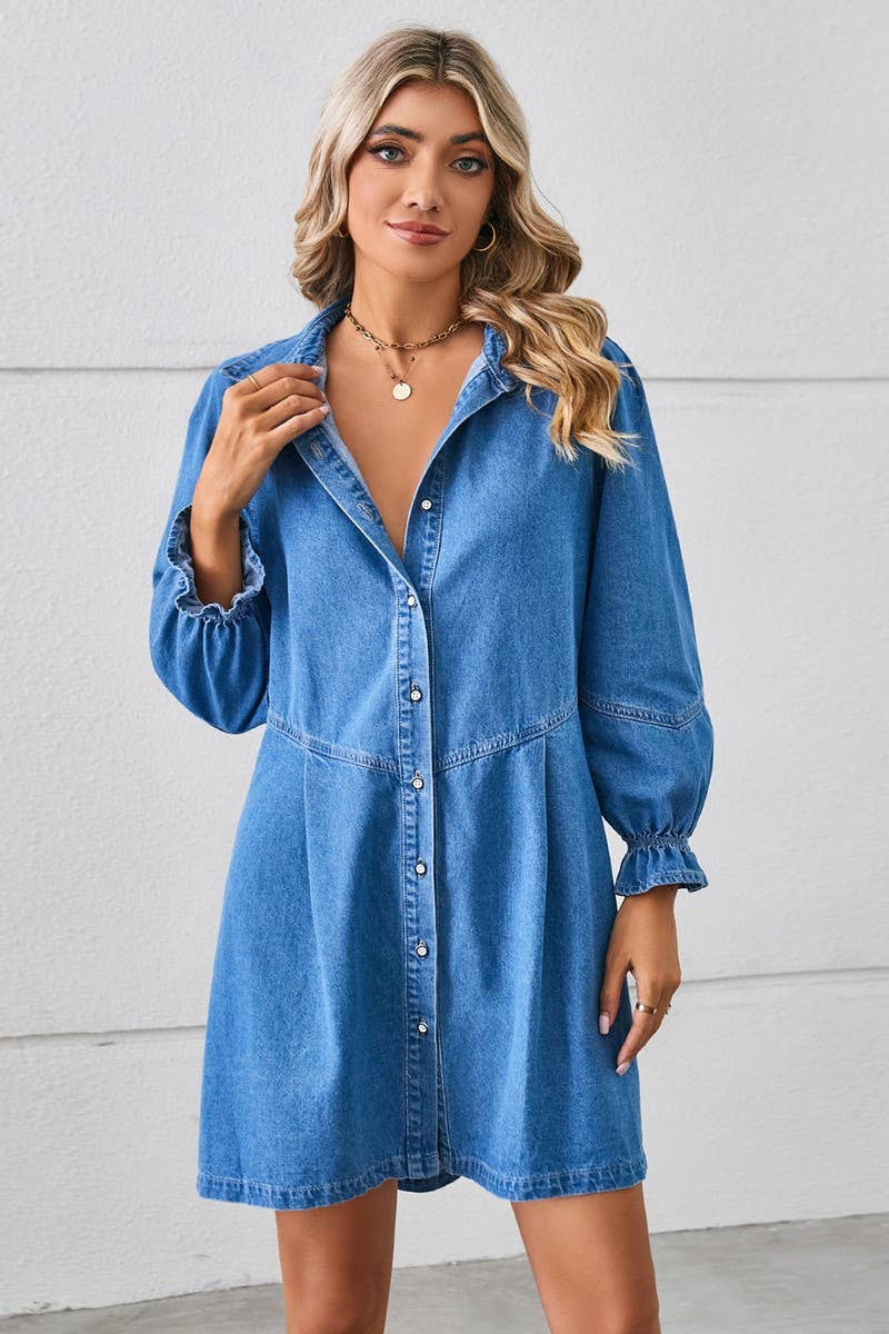 CWDSD10891_WASHED LONG-SLEEVED PANELED DENIM DRESS