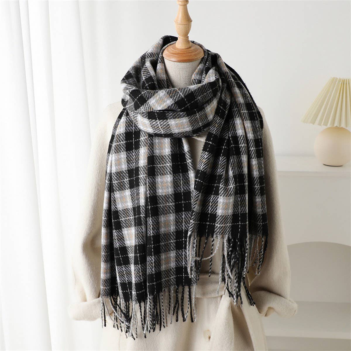Elegant Plaid Tassel Scarf for Fall Winter