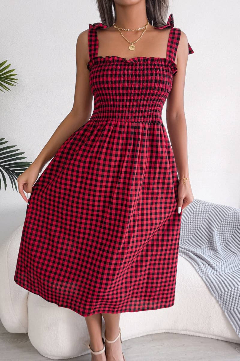 CWDHL0520_SUMMER CASUAL LACE-UP PLAID DRESS MID-LENGTH