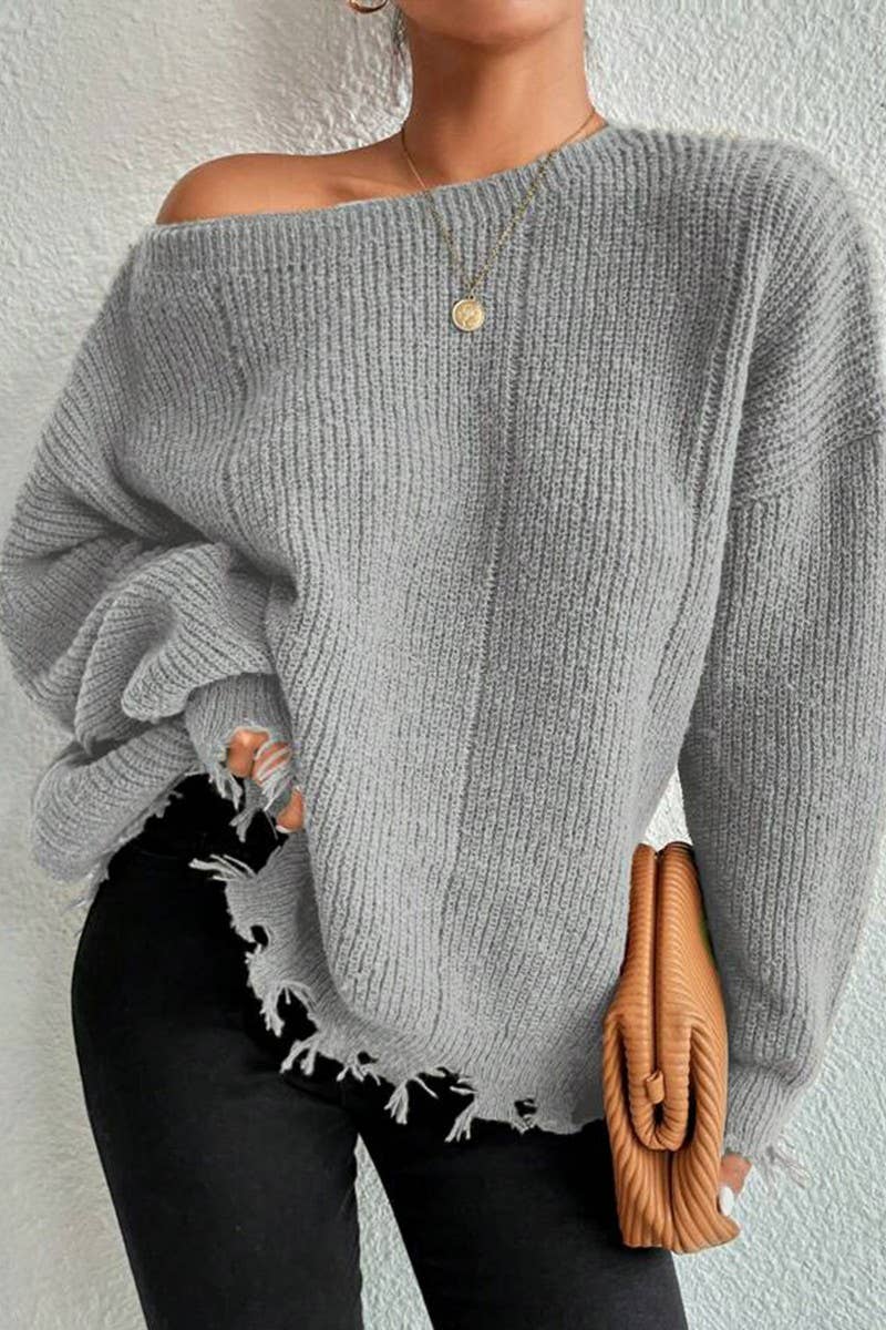 CWOSWL07632_LOOSE-FITTING DISTRESSED RAW-EDGE KNIT TOP