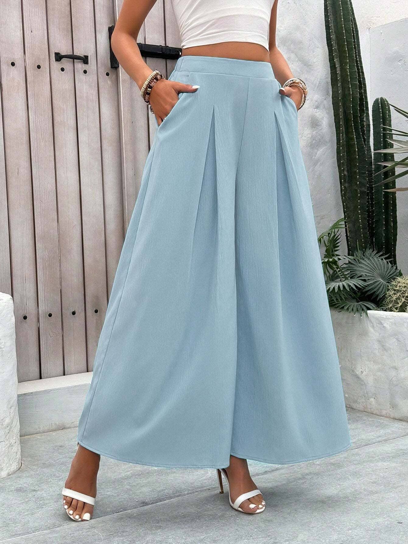 WOVEN ELASTIC WAIST PLEATED SLIMMING SLACKS