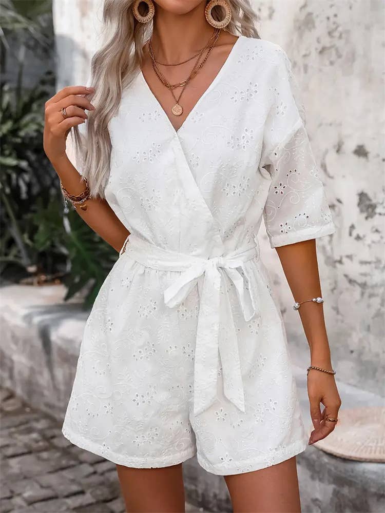 Waist romper with hollowed embroidery