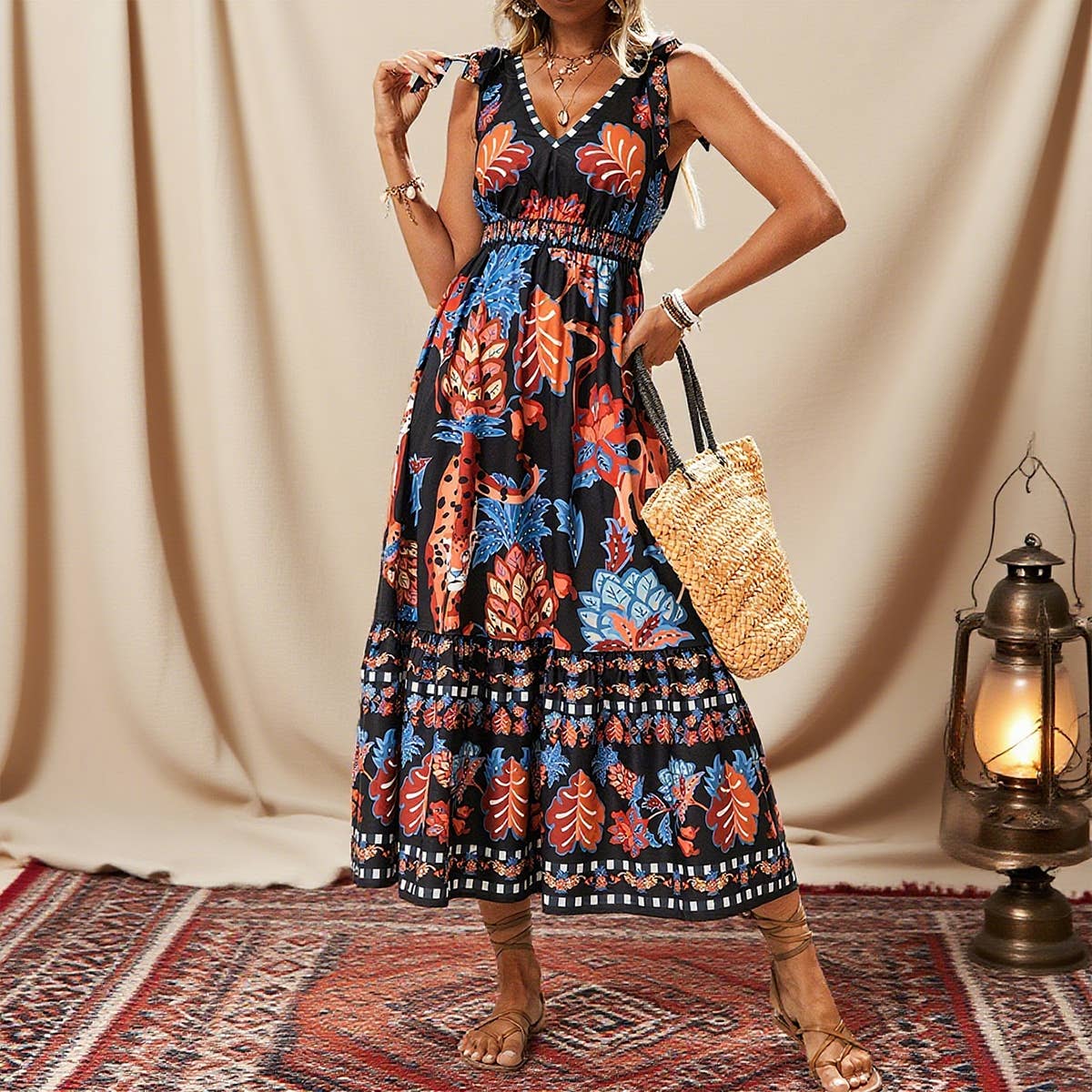 Loose V-neck short-sleeved printed casual dress