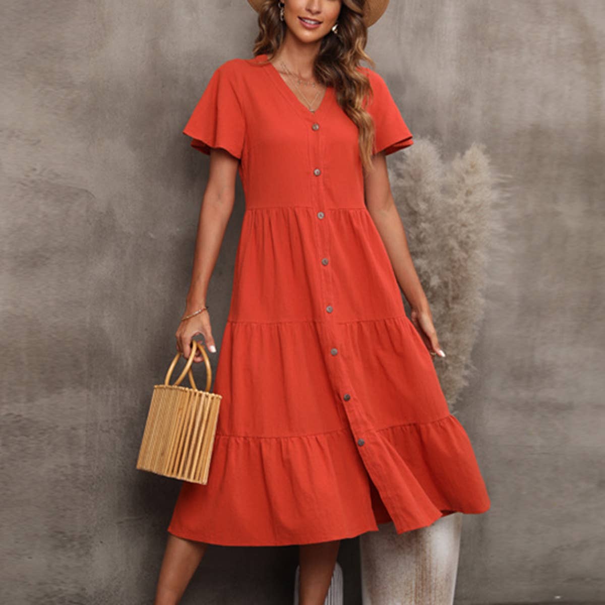 V-NECK SHORT-SLEEVED CARDIGAN LONG DRESS