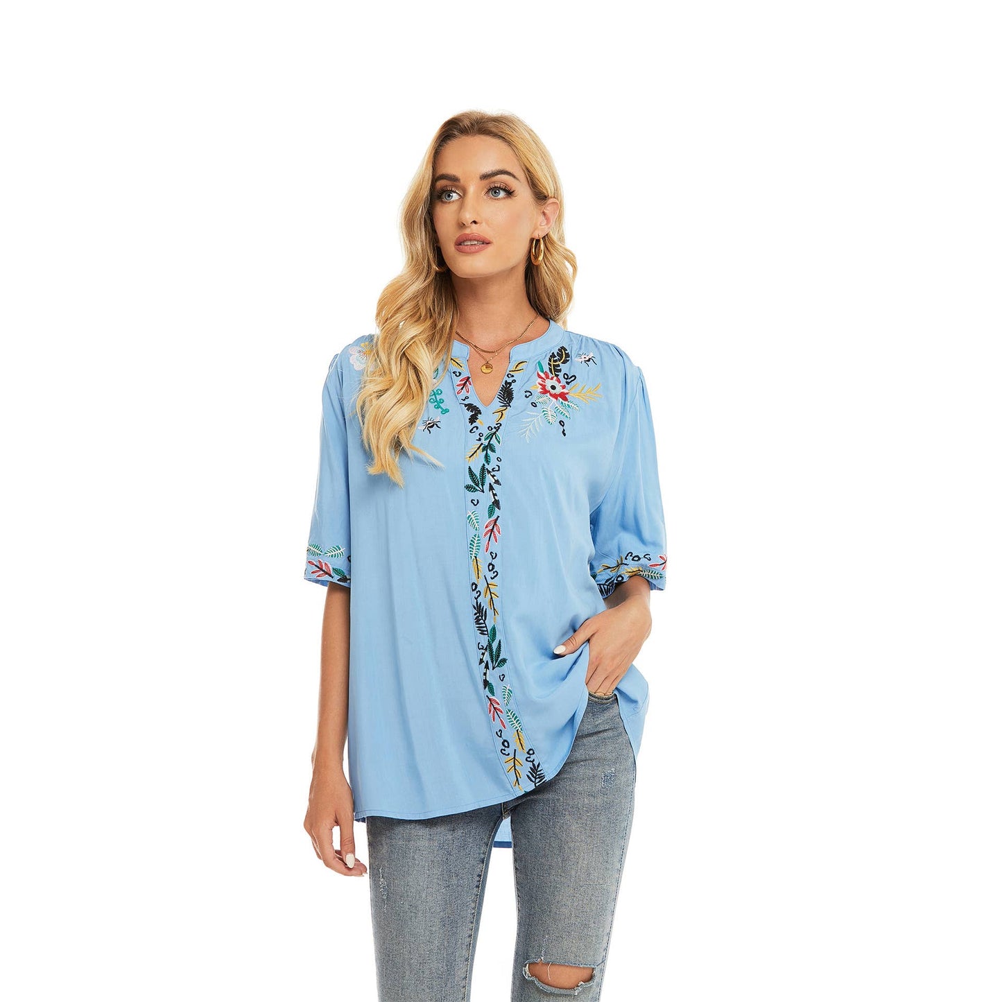 FASHION SUMMER EMBROIDERED SHORT SLEEVE