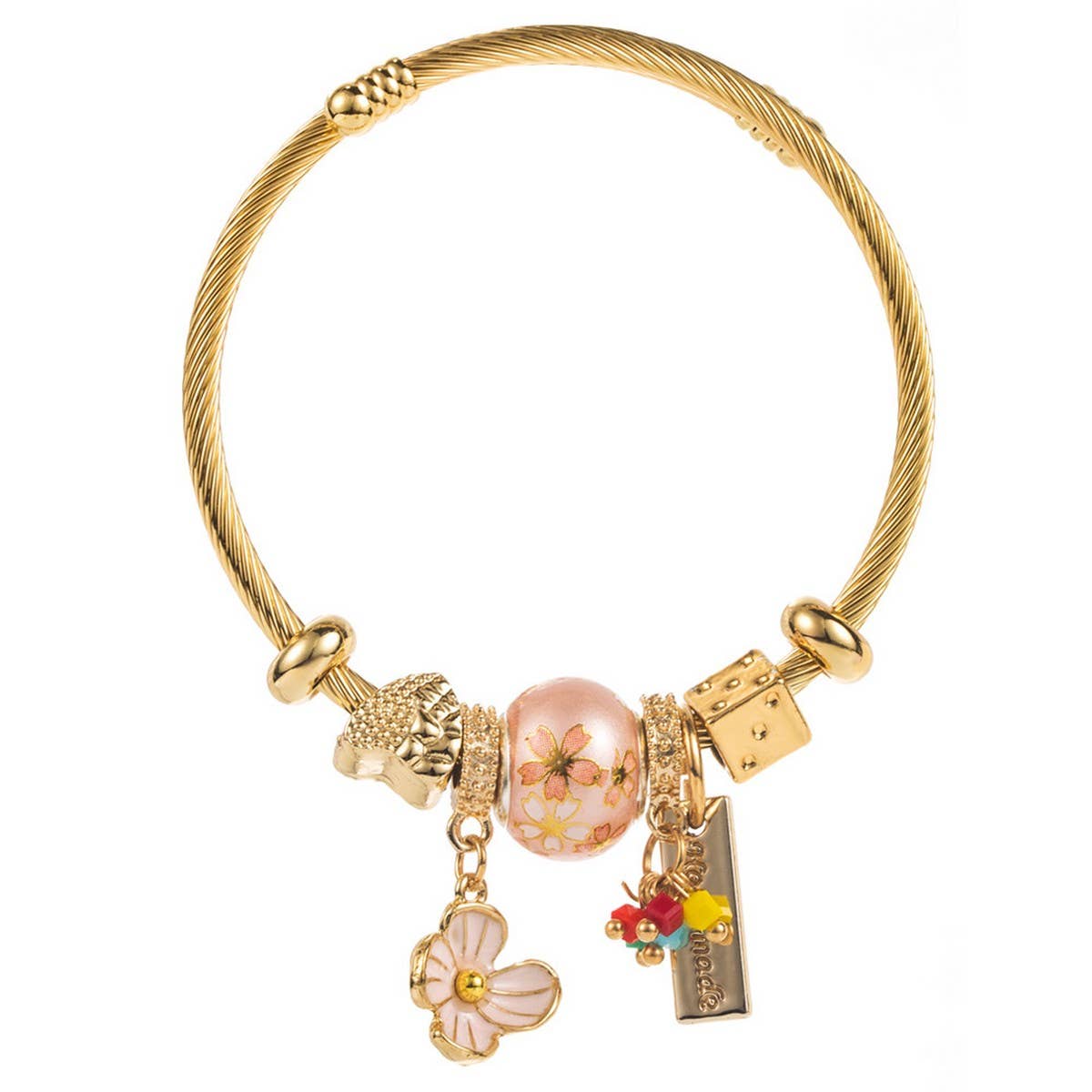 Trendy Beaded Steel Bracelet with Flower Charm