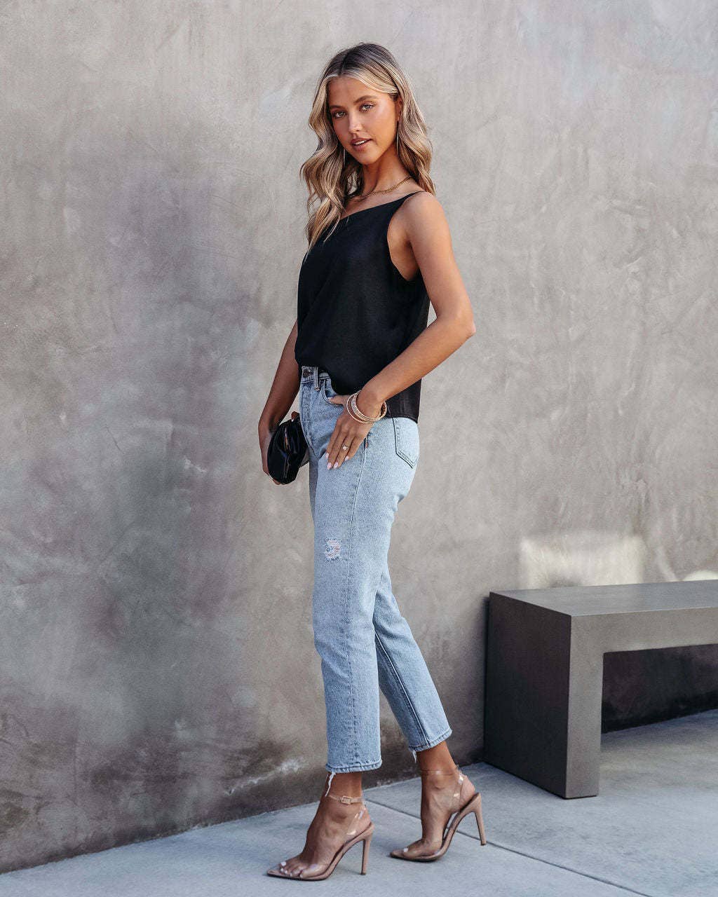 SATIN TOP WITH SLOPING SHOULDERS