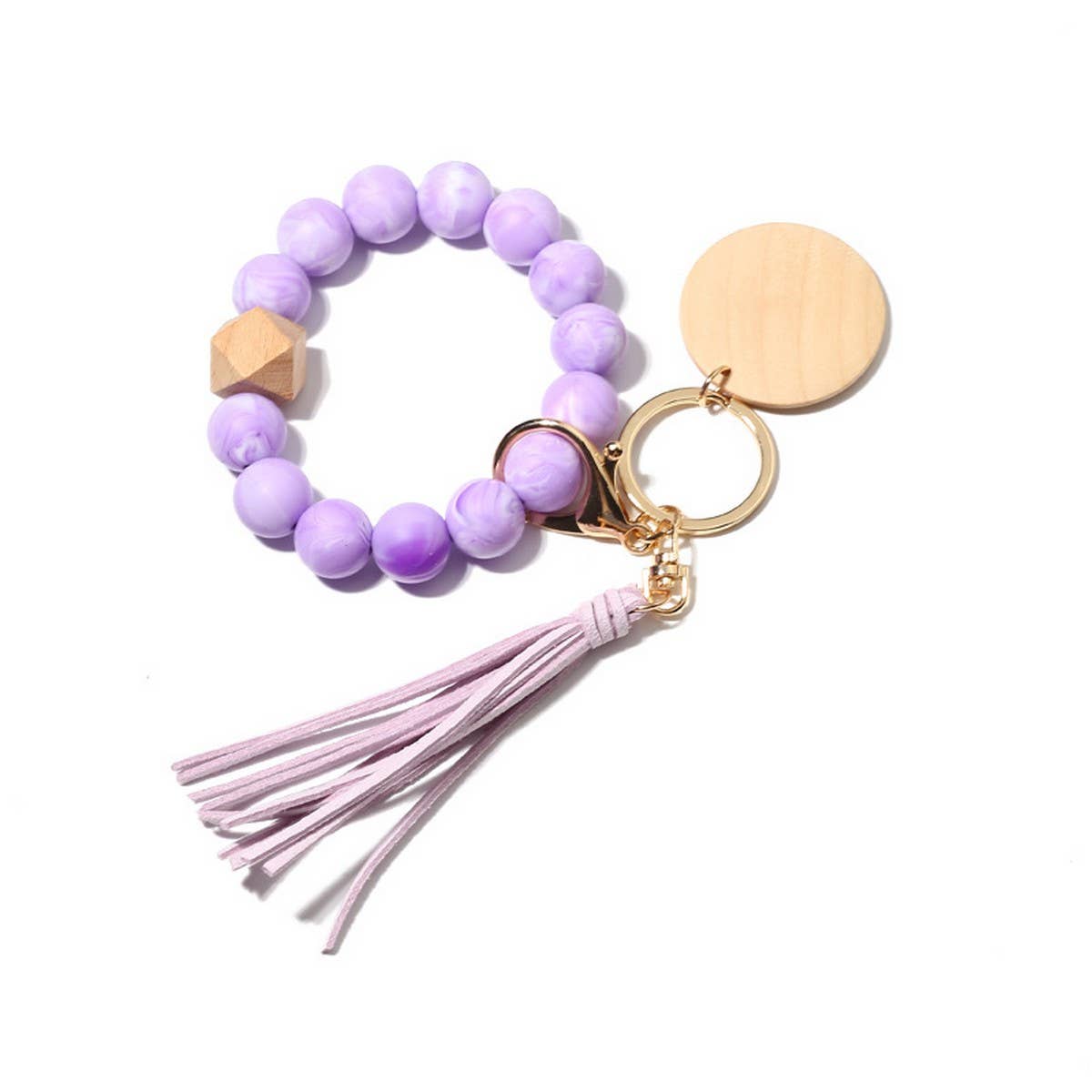 Silicone Bead Bracelet Keychain with Beech Wood