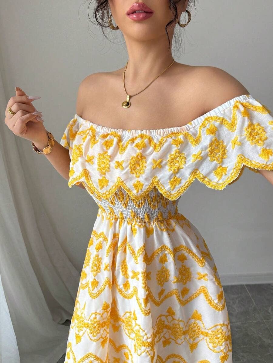 One-shoulder ruffled cutout embroidered dress