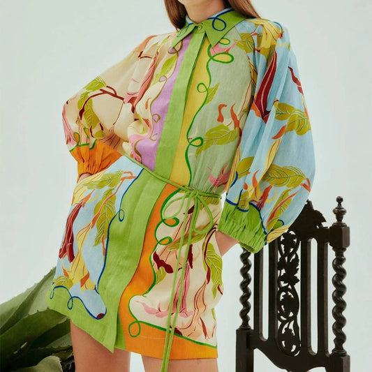 Linen personality abstract print lace-up dress