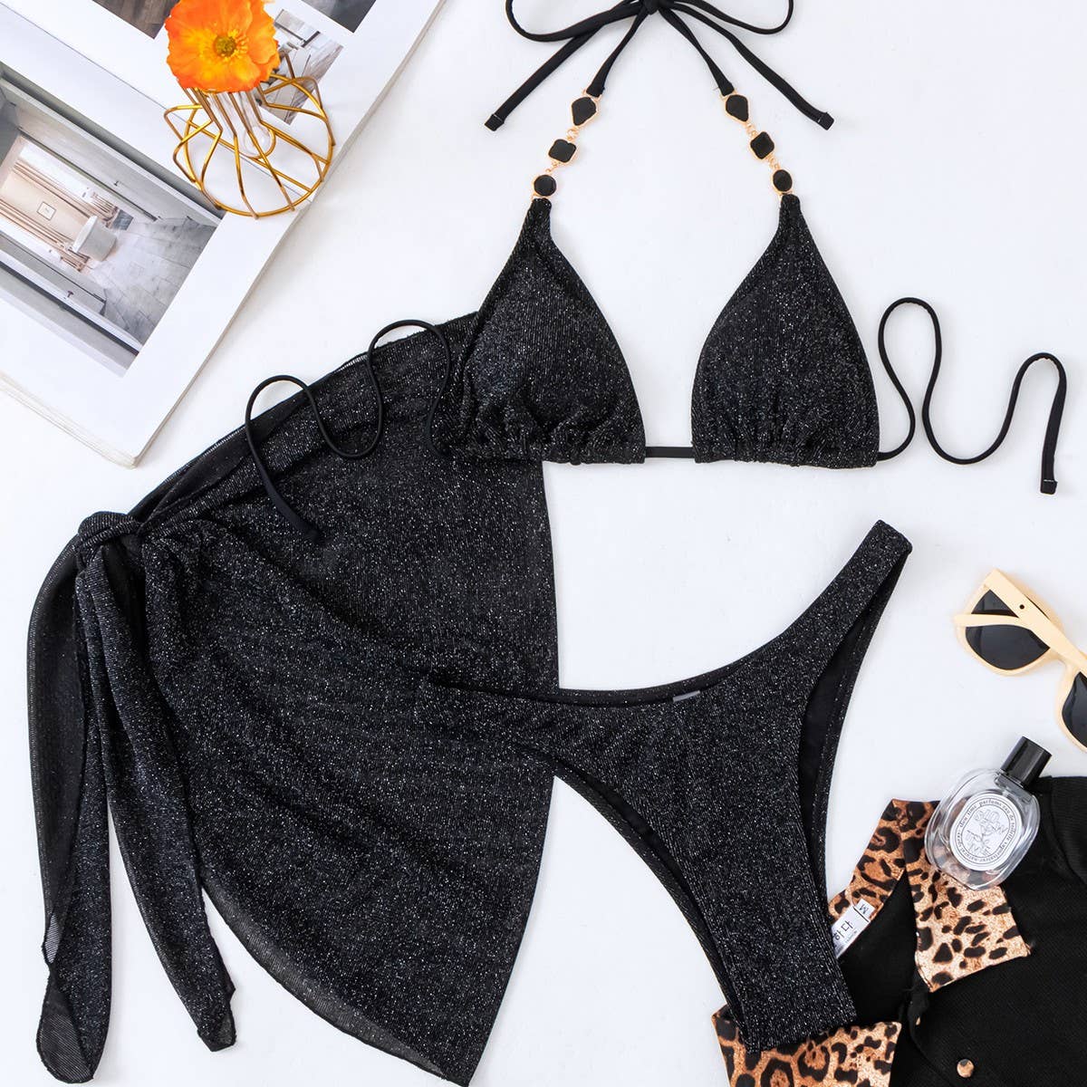 Sexy Sparkling 3-Piece Backless Bikini Beach Set