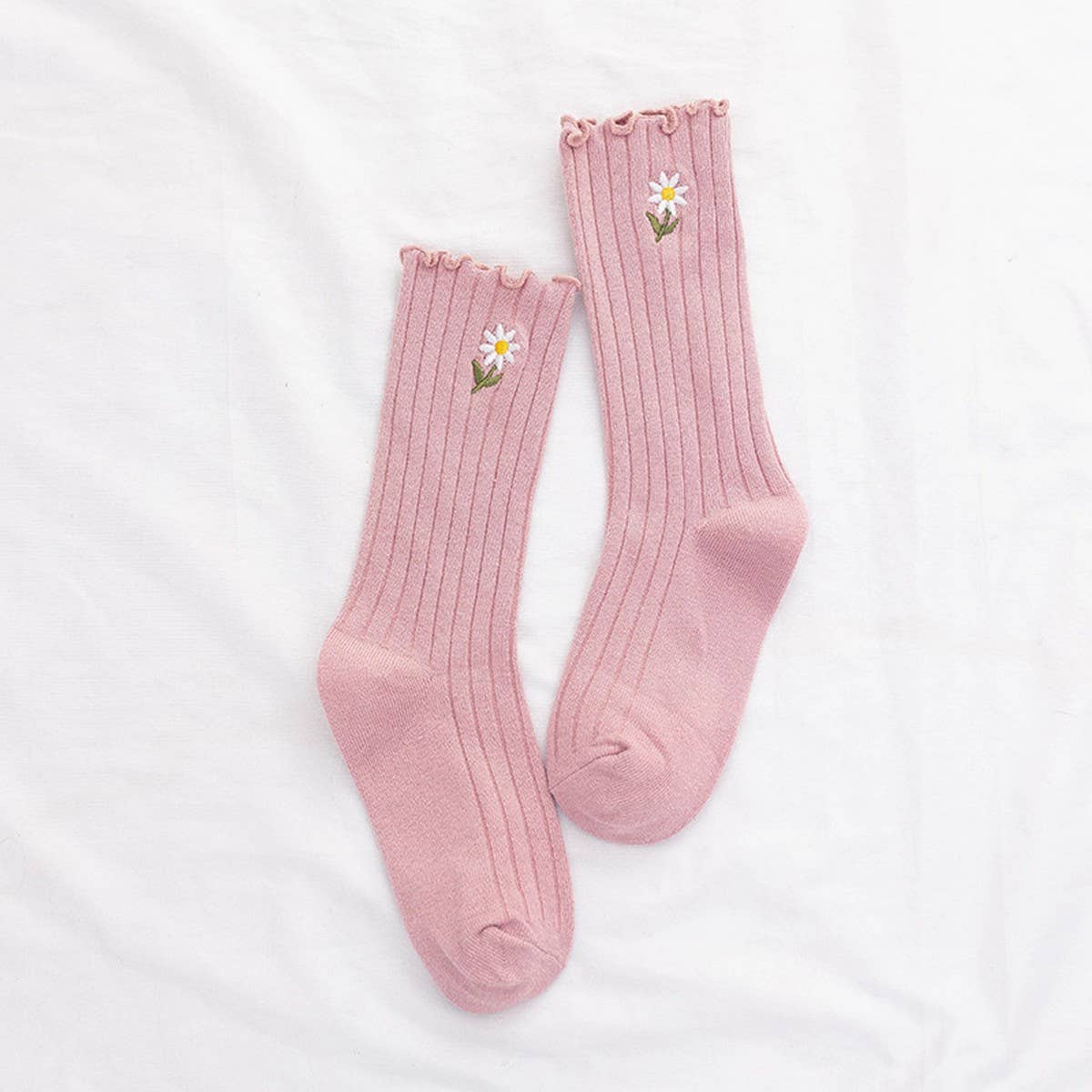 RUFFLE HEM CHRYSANTHEMUM EMBROIDERED SOCKS