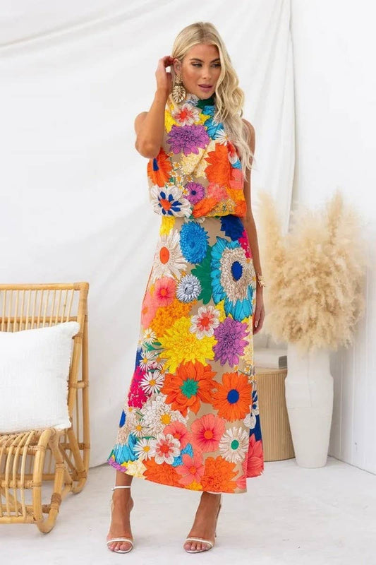 CWDHL0564_PRINTED SLEEVELESS HALTERNECK MAXI DRESS