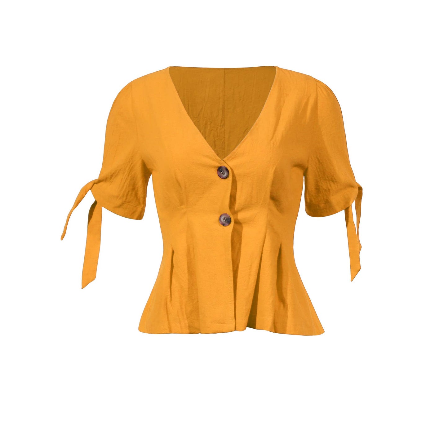 V-NECK STRAP WAIST BUTTON COTTON LINEN BLOUSE