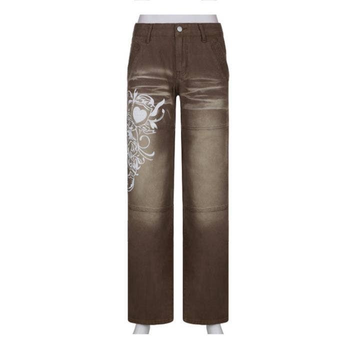 Fashion printed straight-through wide-leg jeans