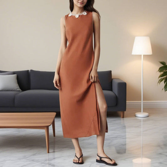 Round-neck embroidered flower pearl evening dress