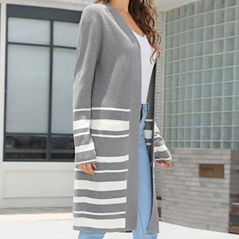 STRIPED LOOSE MID-LENGTH KNIT CARDIGAN COAT