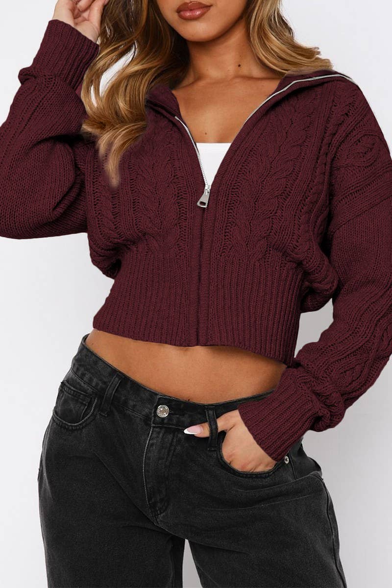 CWOCAL00774_SOLID COLOR LONG-SLEEVED ZIPPER KNITTED JACKET