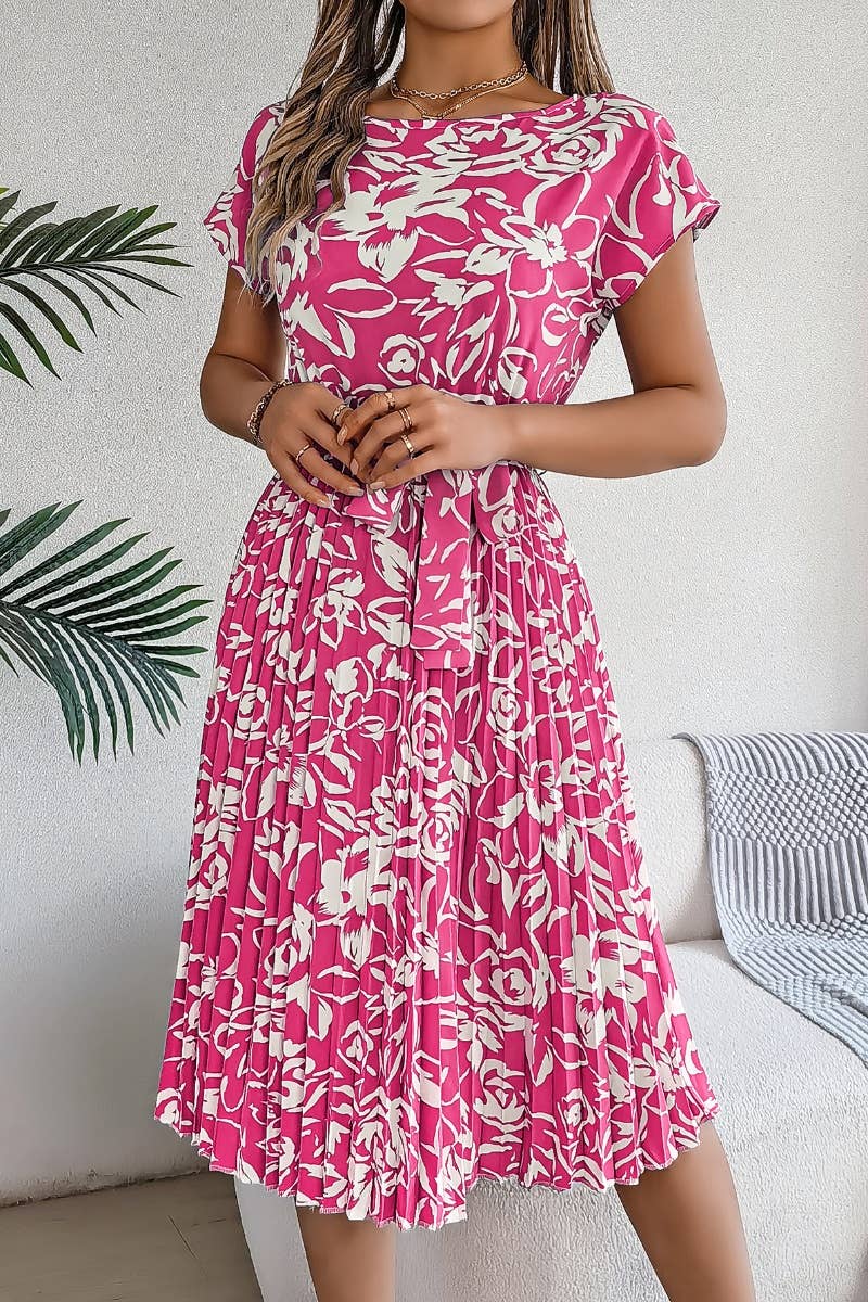CWDMD2665_SUMMER FLOWER SHORT SLEEVE PLEATED DRESS