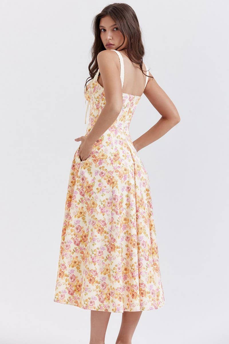 CWDMD5631_RUFFLED FLORAL SLIT SLING MIDI DRESS