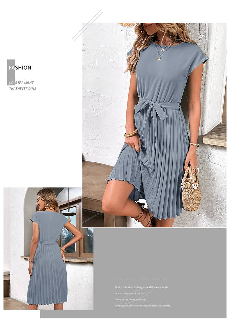 Lace-up solid color pleated dress