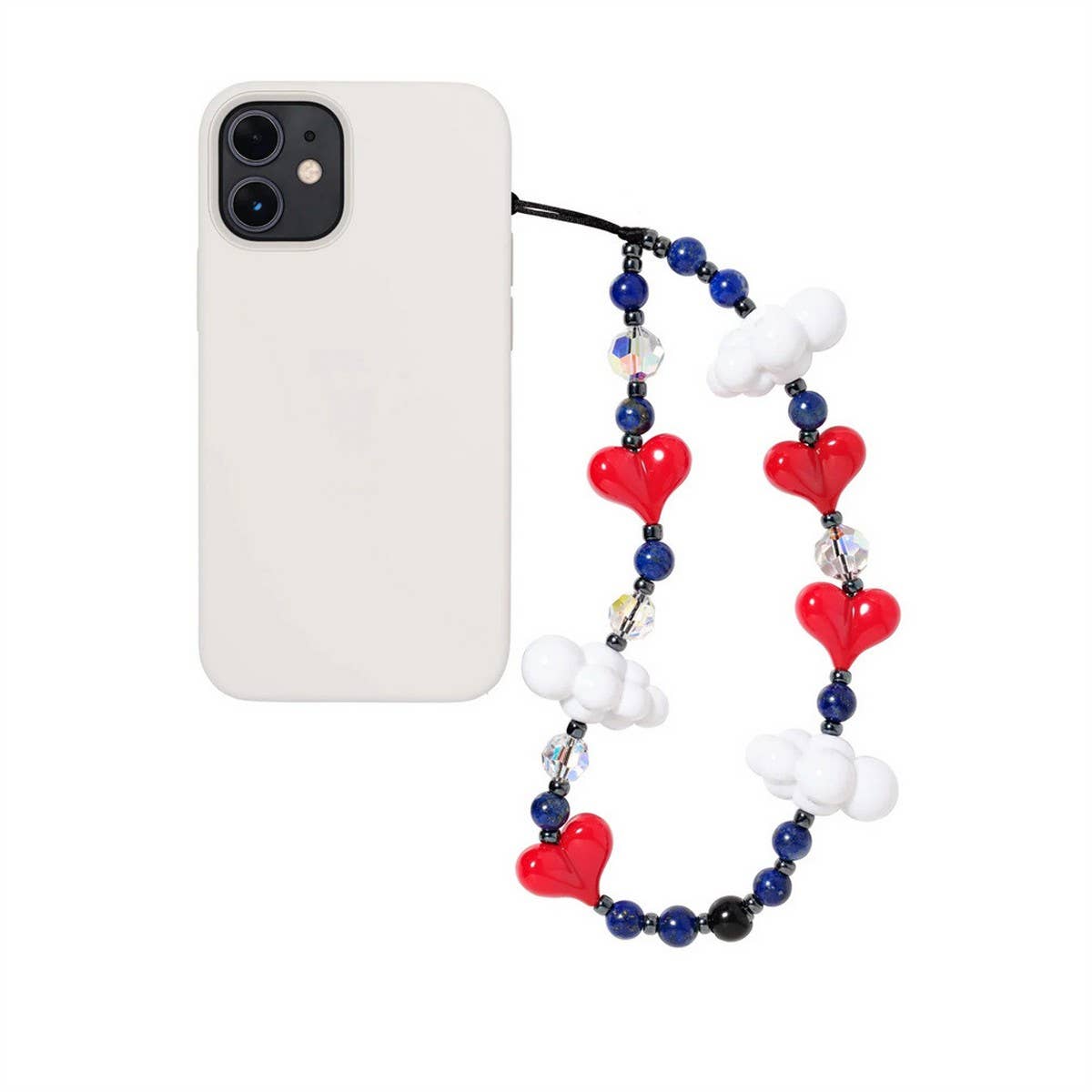CWMM8725_WHITE CLOUD HEART BEADED MOBILE PHONE CHAIN