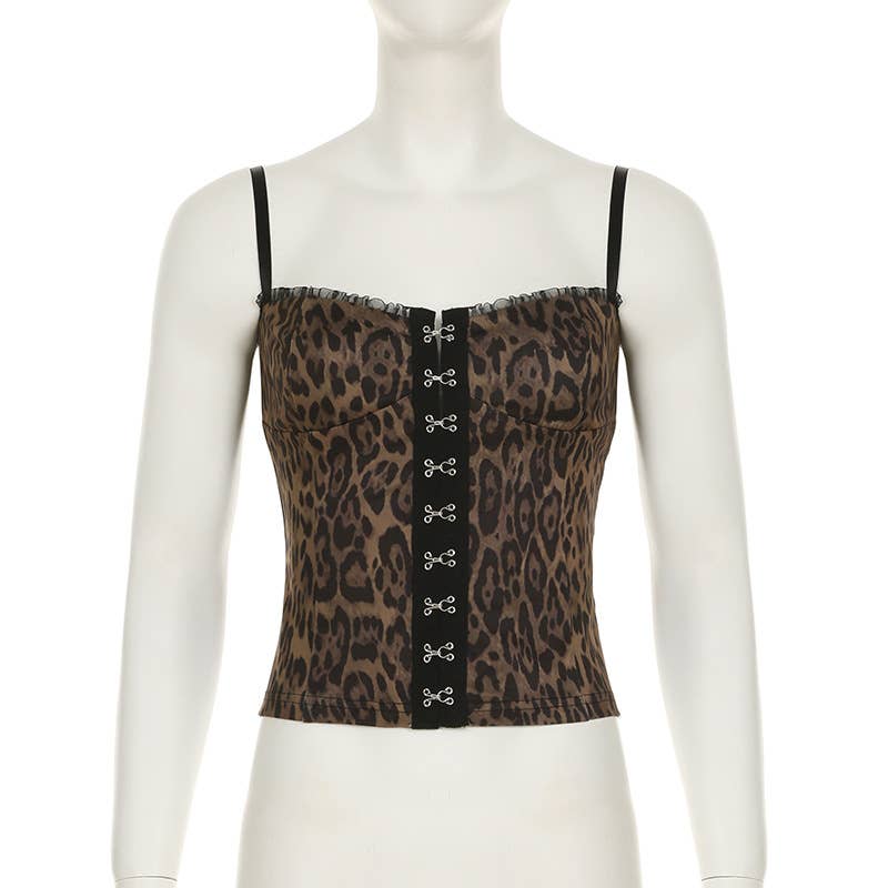 Sexy wood ear lace leopard print halter top