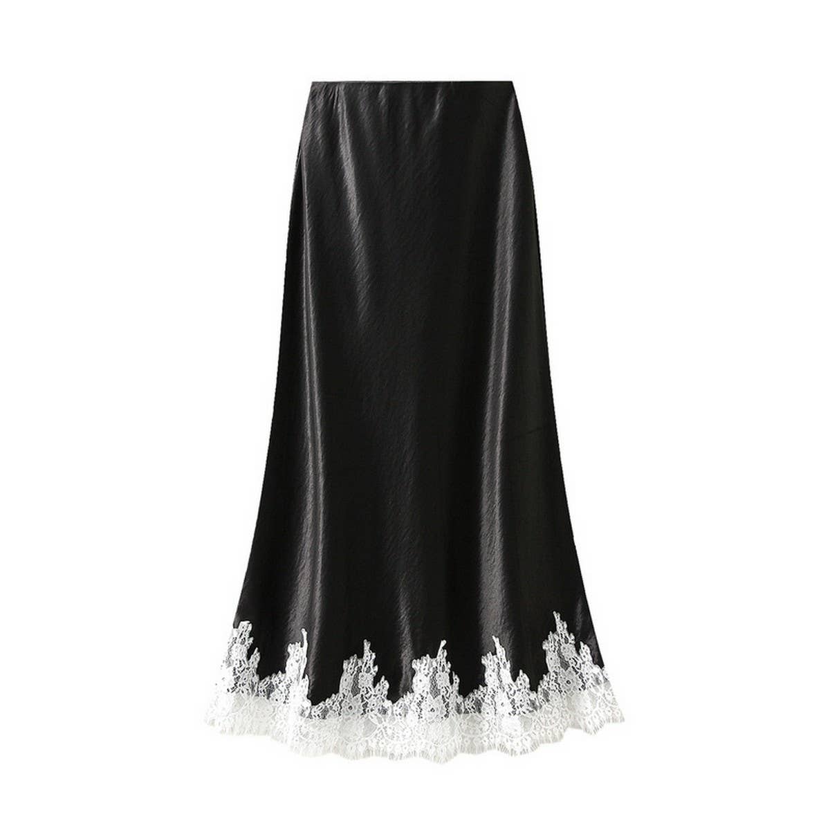 Lace-Trimmed Satin A-Line Midi Skirt with Draping
