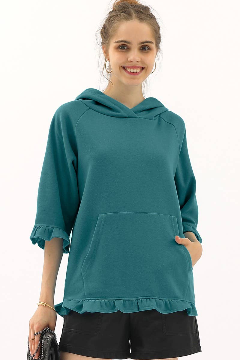 CWOHOL425_3/4 SLEEVE HOODIE SWEATSHIRT WITH KANGAROO POCKET