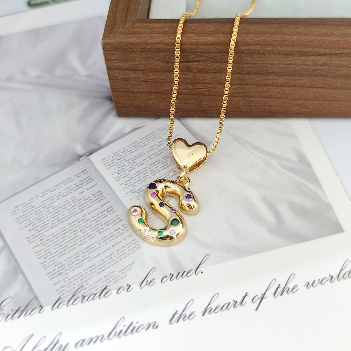 Colorful Zirconia Heart Letter Pendant Necklace