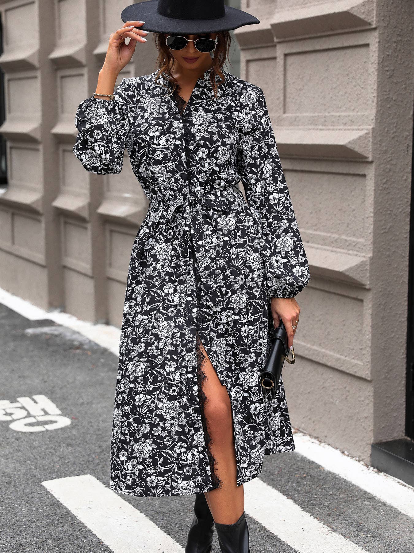 LONG-SLEEVED PRINTED STAND COLLAR DRESS